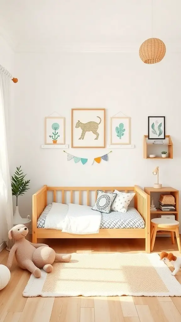 25+ Stylish Montessori Beds for a Dreamy Sleep Space 16 A bright and cozy room featuring a Montessori bed with wooden furniture, soft rug, and playful decor.