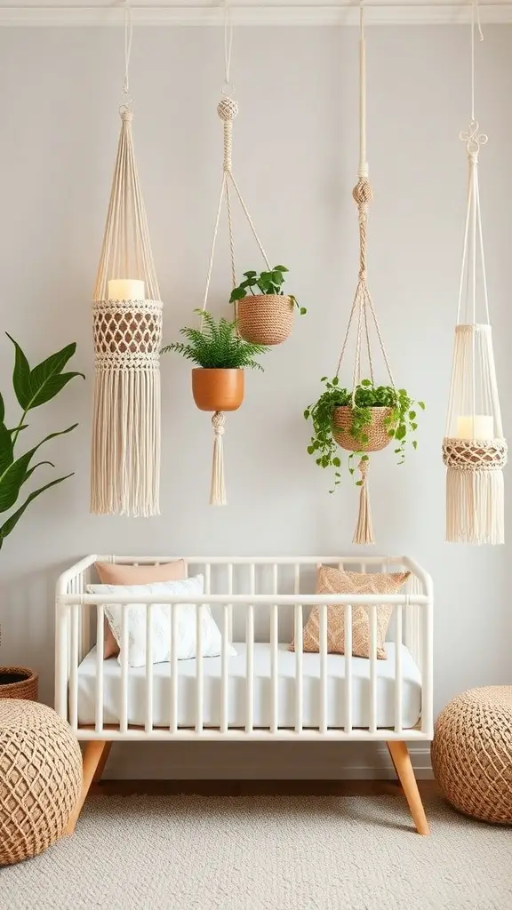 29+ Boho Nursery Decor Ideas for a Cozy and Stylish Space 7 A cozy boho nursery featuring macrame accents, including plant hangers and a crib.