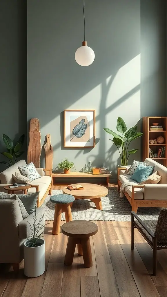 27+ Earthy Living Room Ideas with 15 Must-Have Items 6 A cozy living room with sustainable furniture, featuring natural wood elements and plants.