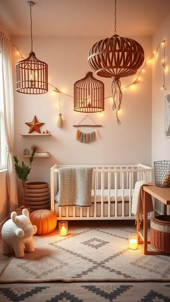 29+ Boho Nursery Decor Ideas for a Cozy and Stylish Space 12 A cozy boho nursery featuring unique hanging light fixtures, warm lighting, and a soft rug.