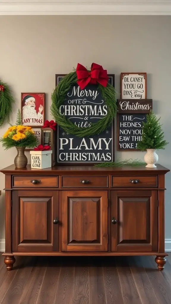 23+ Beautiful Christmas Sideboard Decor Ideas to Transform Your Home 12 A wooden sideboard decorated with Christmas signs and a wreath, creating a festive atmosphere.