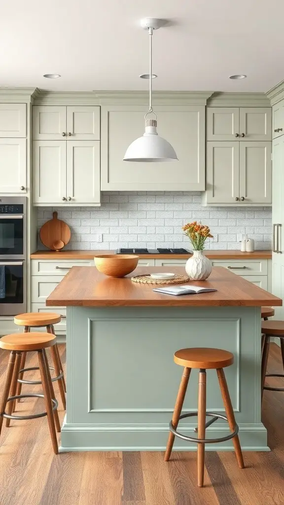 A kitchen island featuring sage green cabinetry and a wooden countertop, with wooden stools and a pendant light above.