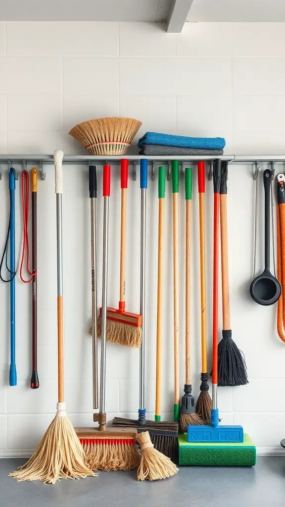 A wall-mounted storage rack displaying various mops, brooms, and cleaning tools.