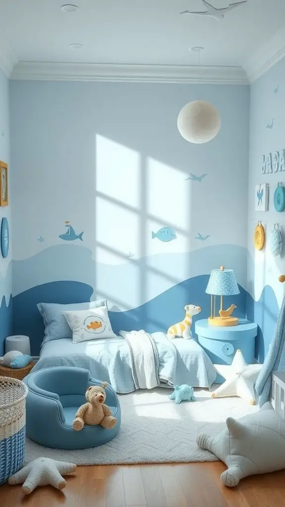 A toddler boy's room with an underwater theme, featuring blue walls, sea creature decor, and cozy furnishings.