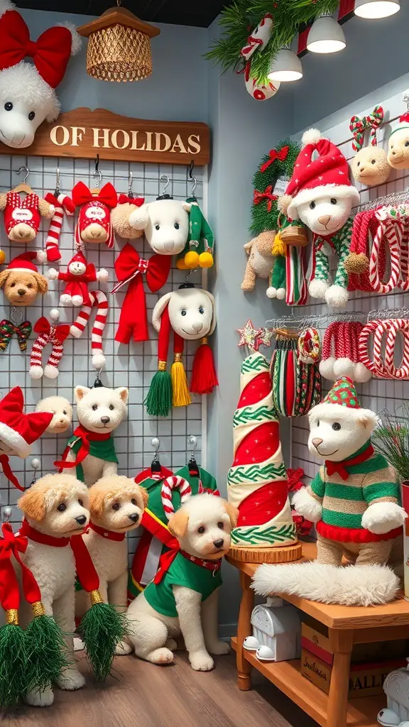 25+ Unique Christmas Boutique Ideas for Your Holiday Shopping 11 A display of holiday-themed pet accessories including festive outfits, toys, and decorations.