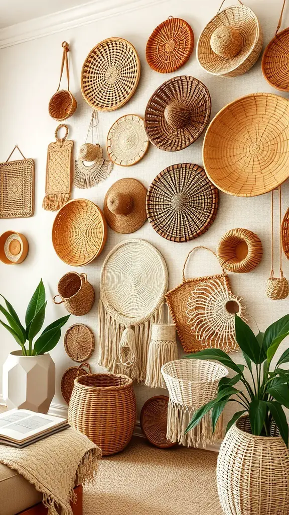 A boho living room with a textured wall of woven baskets and plants.