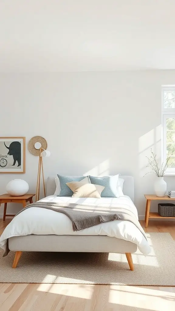 29+ Stunning Upholstered Beds for a Cozy Bedroom Makeover 8 A Scandinavian inspired bedroom featuring an upholstered bed with light wood legs, soft pillows, and minimalistic decor.
