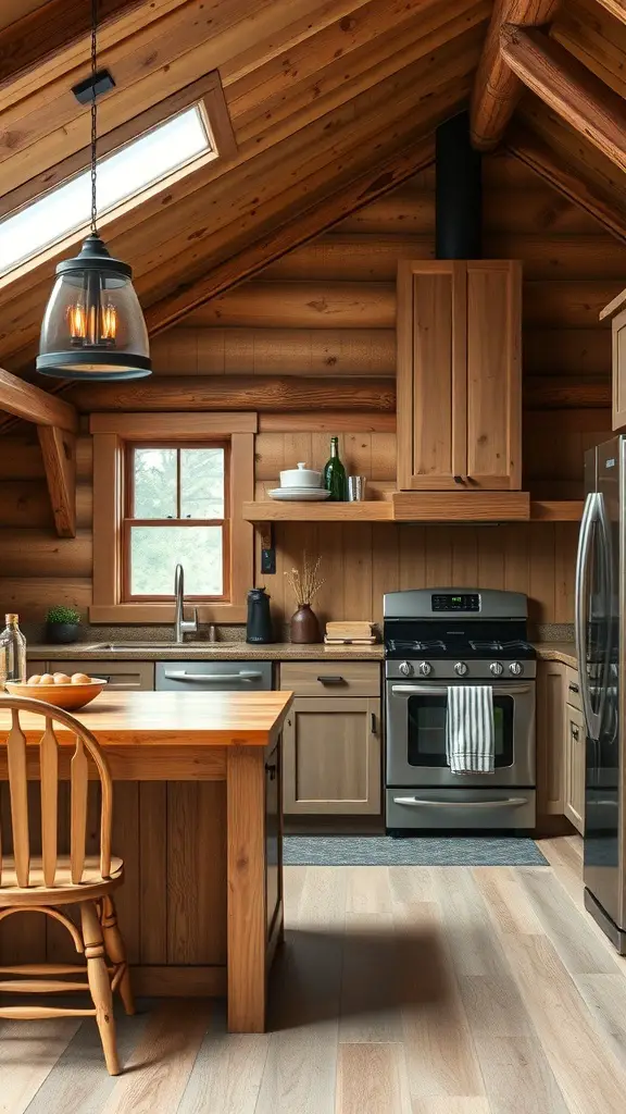 A rustic kitchen with wooden cabinets, modern appliances, and a cozy atmosphere.