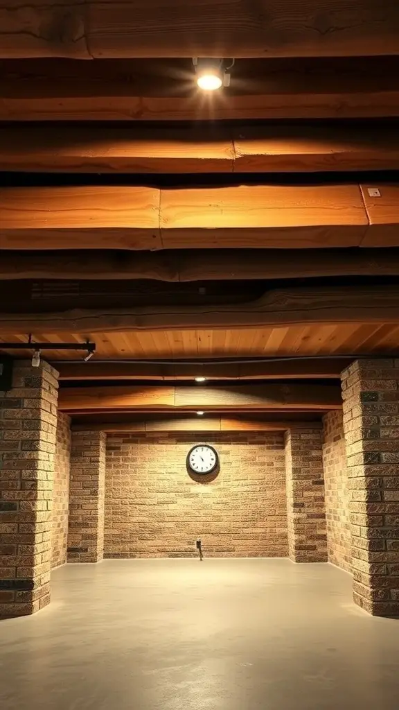 A basement ceiling featuring reclaimed wood beams and brick walls.