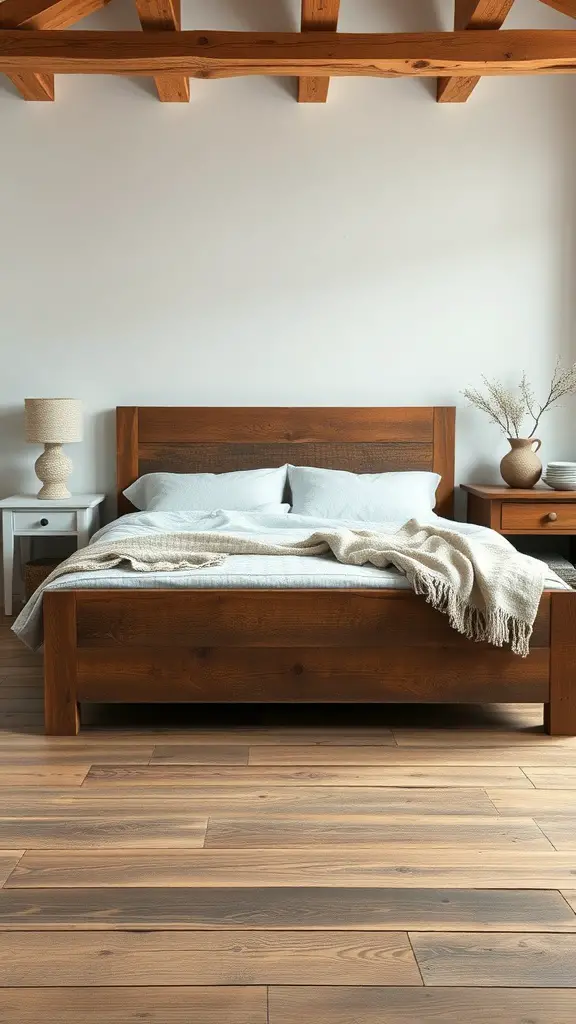 25+ Inspired Floor Bed Ideas for a Cozy Bedroom Makeover 2 A rustic wooden floor bed with a soft blanket, bedside table, and lamp in a cozy room.