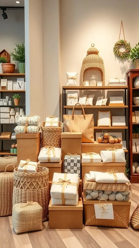 25+ Unique Christmas Boutique Ideas for Your Holiday Shopping 15 A display of eco-friendly gift options arranged in a boutique setting.