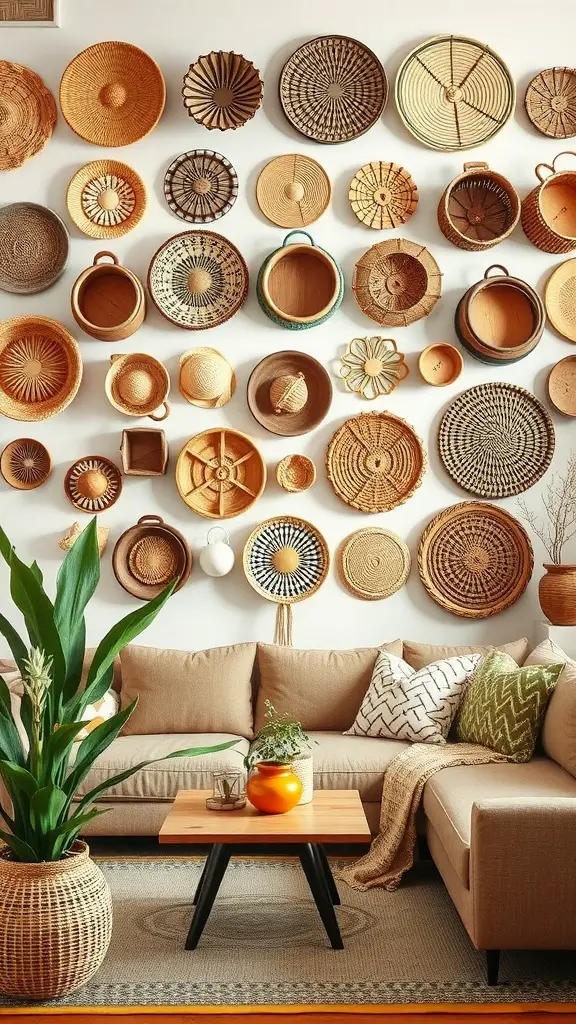 A cozy living room featuring a wall decorated with various woven baskets, a comfortable sofa, and a coffee table.