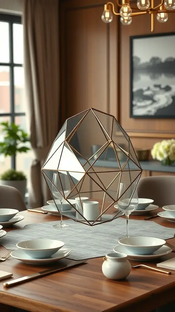 23+ Stunning Table Centerpieces to Elevate Your Home Decor 14 A modern geometric centerpiece made of metal and glass on a dining table