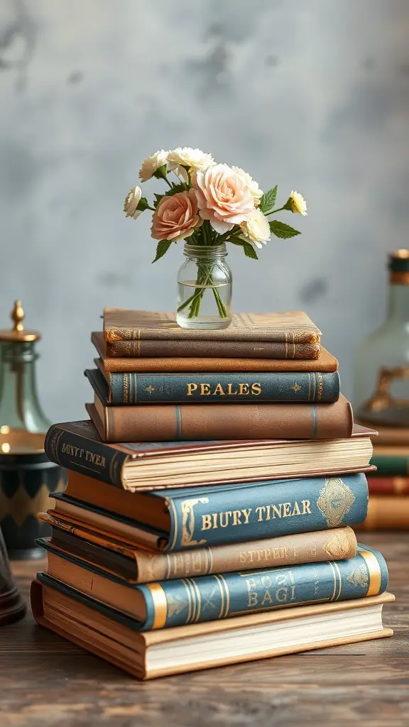29+ Gorgeous Dollar Tree Centerpieces You Can Create for Any Occasion 8 A stack of vintage books with a small vase of flowers on top, creating a charming centerpiece.