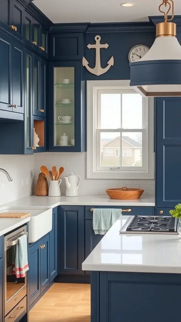 27+ Stunning Dark Blue Kitchen Cabinet Ideas for a Stylish Upgrade 3 A kitchen featuring dark blue cabinets, gold hardware, and nautical decor.
