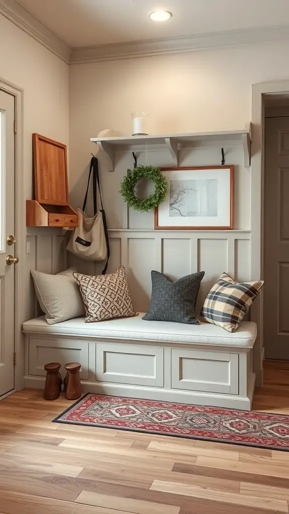27+ Stylish IKEA Mudroom Ideas for a Functional Space 5 Cozy mudroom bench seating with cushions and decorative elements