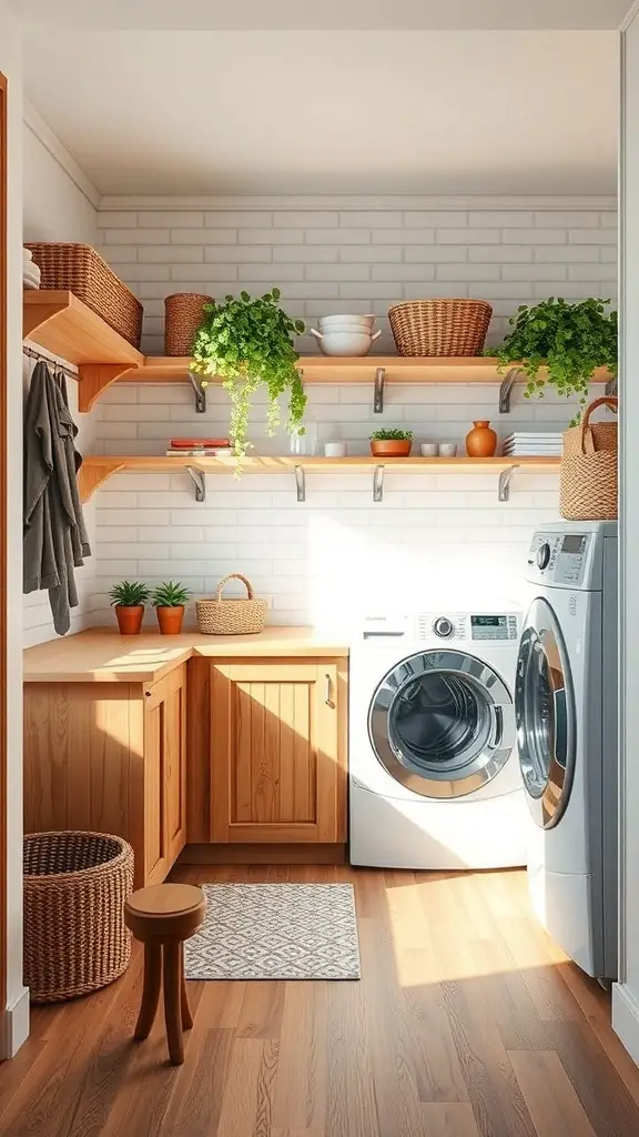 25+ Stylish Mudroom and Laundry Room Combo Ideas to Maximize Space 13 A bright mudroom-laundry combo featuring wooden shelves, plants, and energy-efficient appliances.