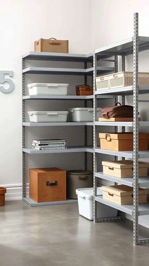 Adjustable shelving unit with various storage bins and boxes