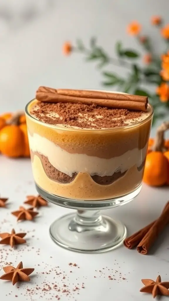 A glass of Pumpkin Spice Tiramisu topped with cinnamon sticks and cocoa powder, surrounded by star anise and small pumpkins.