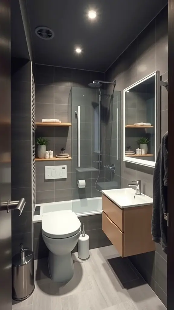 Modern small basement bathroom with glass shower, neutral tones, and sleek design.