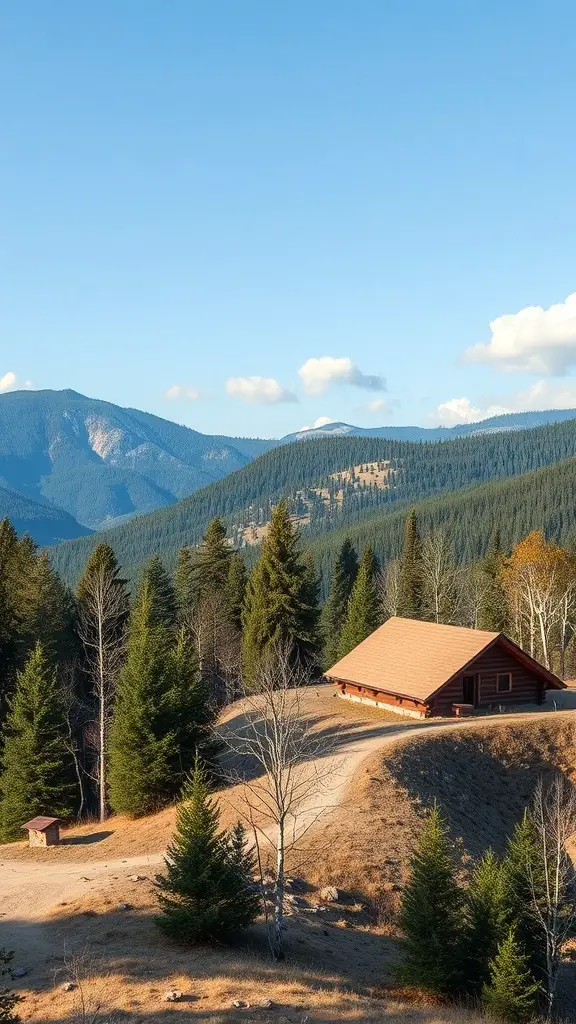 A log cabin situated on a hill surrounded by trees and mountains under a clear blue sky.