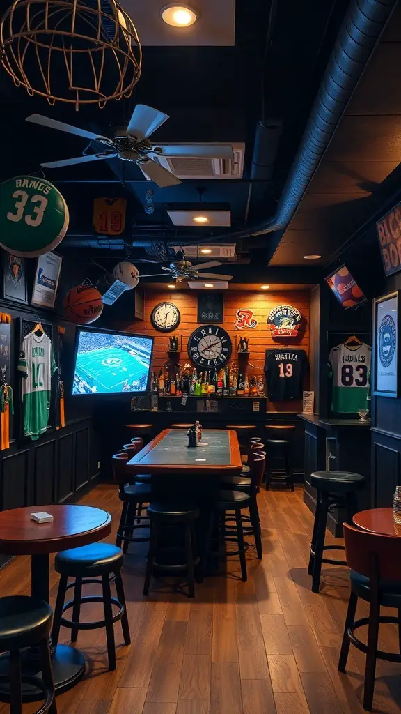 A cozy basement bar decorated with sports memorabilia, featuring jerseys, a large TV, and a well-stocked bar.