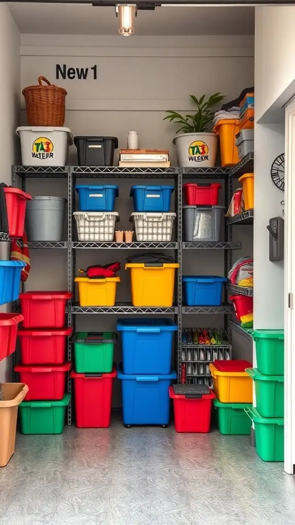 27+ Creative Garage Entryway Ideas for a Stylish Welcome 6 Organized garage storage with colorful bins and shelves