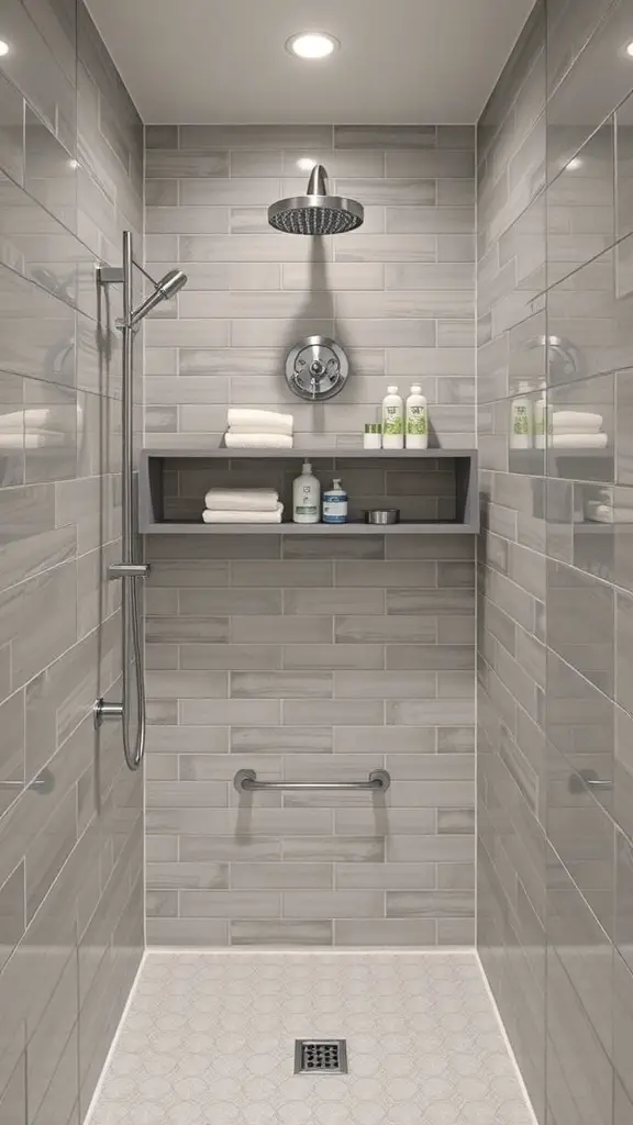Modern shower with built-in shelving for toiletries