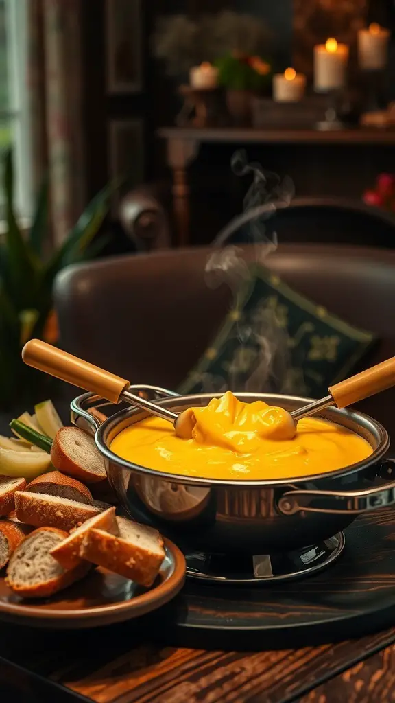 A pot of melted cheese fondue with bread and vegetables for dipping, set in a cozy atmosphere.