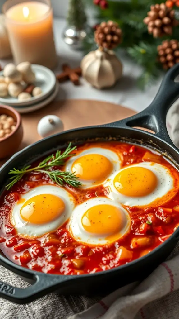 A skillet with baked eggs in tomato sauce, garnished with herbs.