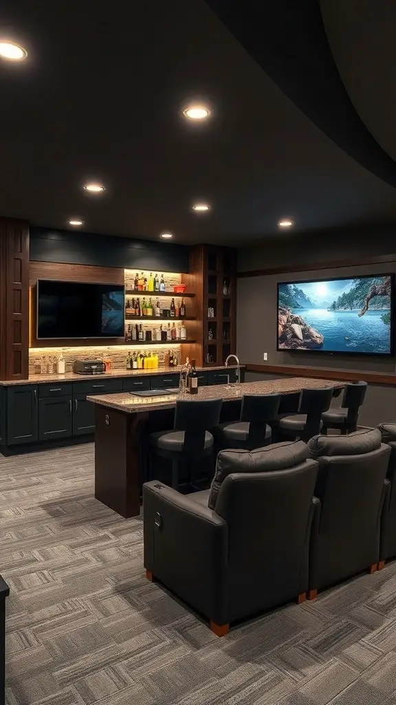 A contemporary home theater bar with a sleek design, featuring a stocked bar area and comfortable seating.