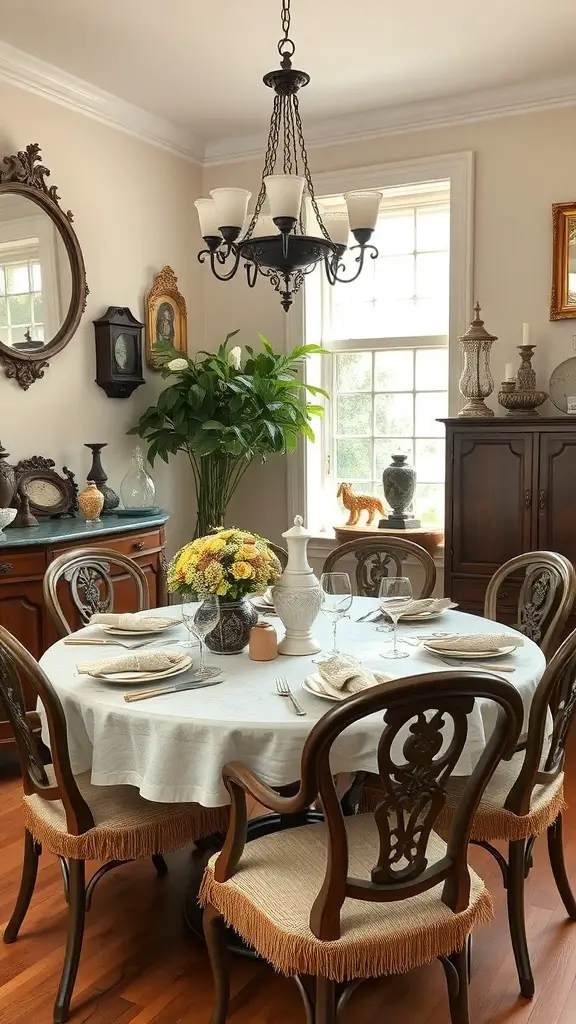 A vintage Ralph Lauren dining room with a round table, wooden chairs, a chandelier, and decorative elements.