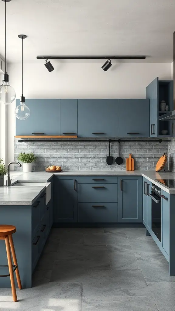 29+ Stunning Ideas for Blue Kitchen Cabinets 10 A modern kitchen featuring muted slate blue cabinets, gray backsplash, and warm lighting.