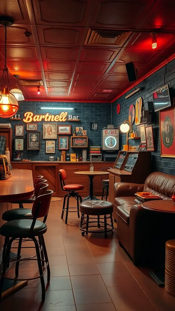A cozy basement bar with a retro 70s vibe, featuring vintage decor, a jukebox, and warm lighting.
