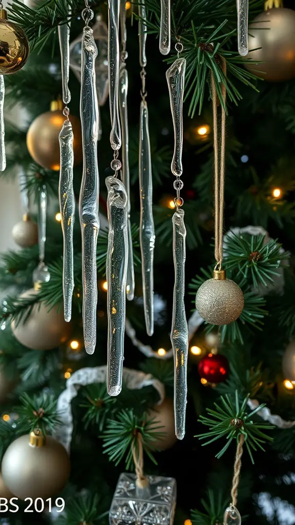 Silver glass icicles hanging on a Christmas tree with gold and red ornaments