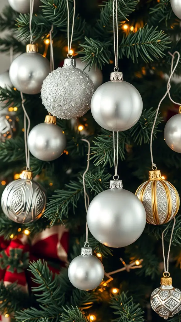 A close-up view of silver Christmas tree ornaments hanging on a decorated tree.