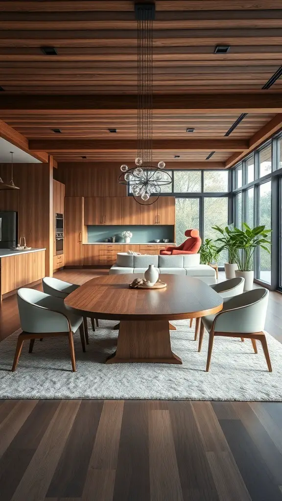 A modern open floor plan featuring an oval dining table surrounded by stylish chairs, with a cozy atmosphere and natural elements.
