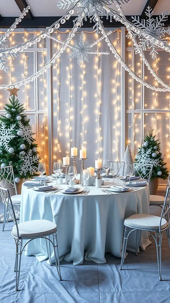 27+ Stunning Christmas Table Settings for Round Tables 8 A beautifully set round table for Christmas with a blue tablecloth, silver accents, candles, and decorated Christmas trees.