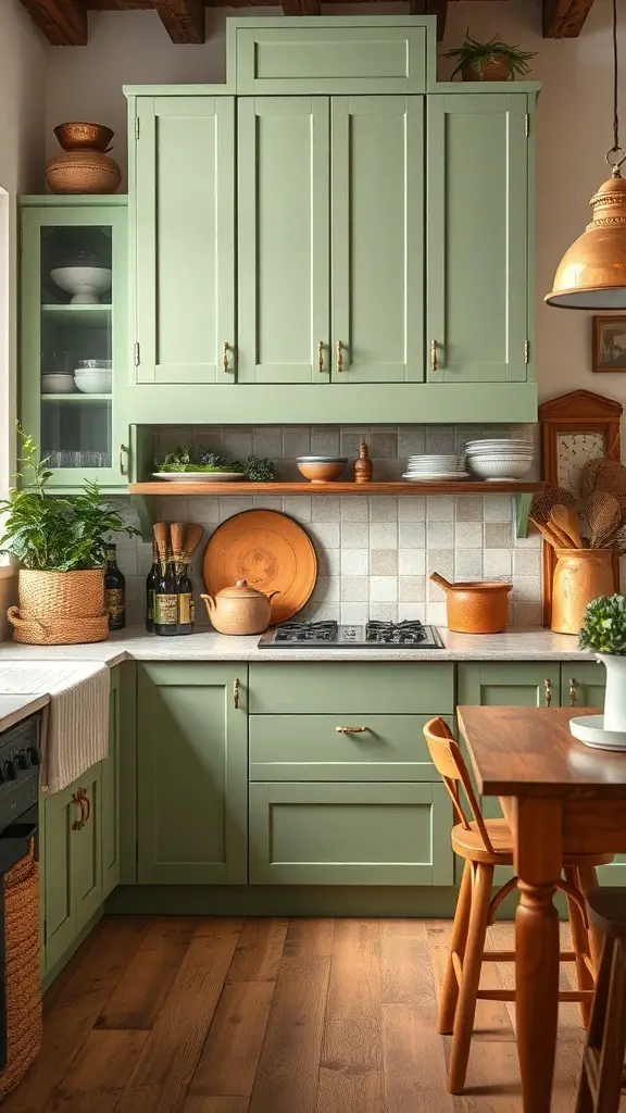 27+ Stunning Green Rustic Kitchen Cabinets for a Charming Makeover 6 A rustic kitchen featuring green cabinets, wooden accents, and warm tones.