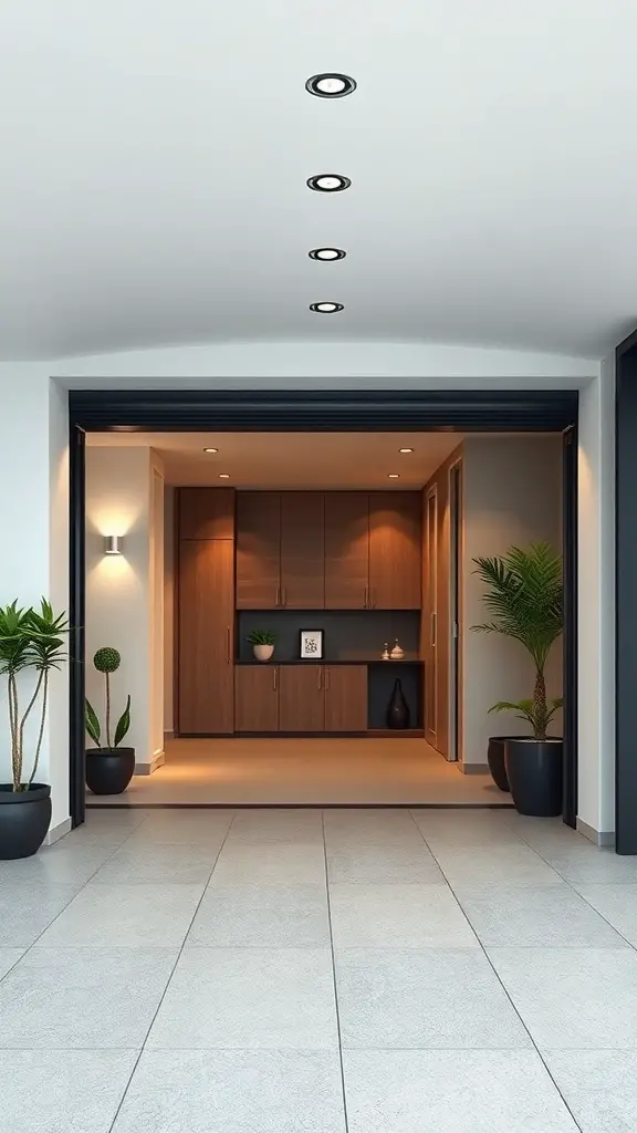 27+ Creative Garage Entryway Ideas for a Stylish Welcome 8 A modern garage entryway featuring wooden cabinetry, potted plants, and recessed lighting.