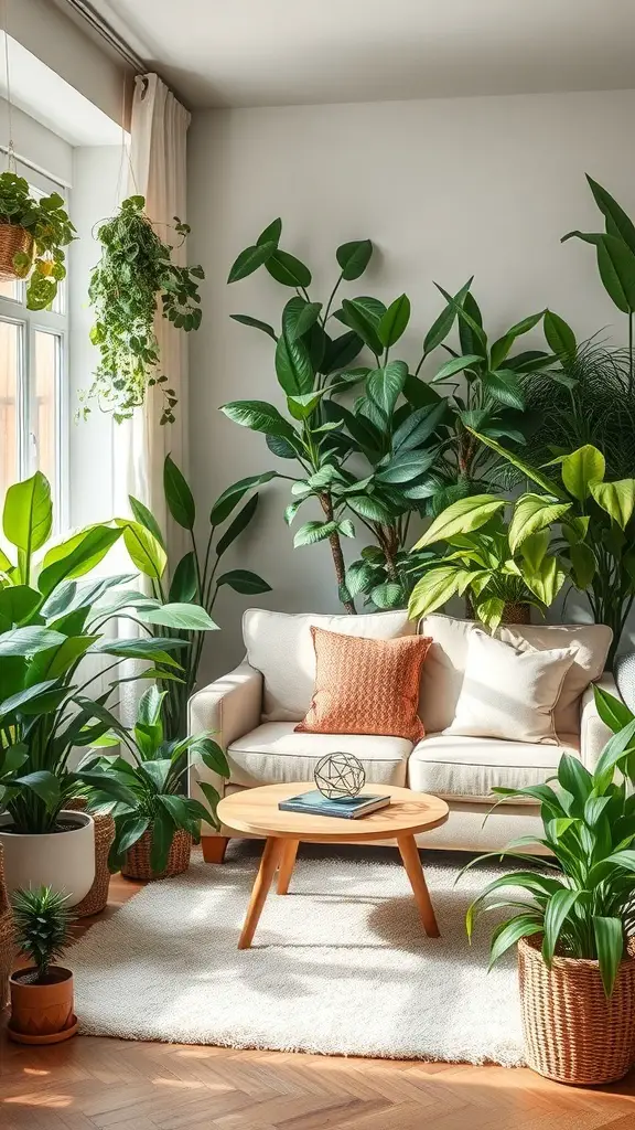27+ Earthy Living Room Ideas with 15 Must-Have Items 8 A cozy living room filled with various indoor plants, featuring a comfortable sofa and a wooden coffee table.
