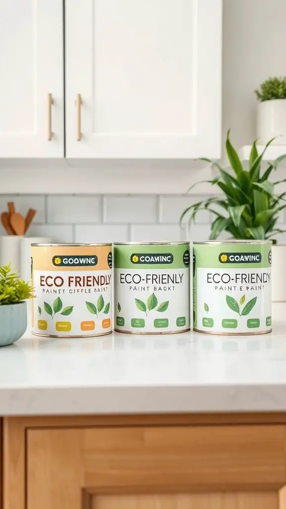 25+ Stunning Painted Kitchen Cabinet Ideas to Transform Your Space 16 Three cans of eco-friendly paint on a kitchen countertop