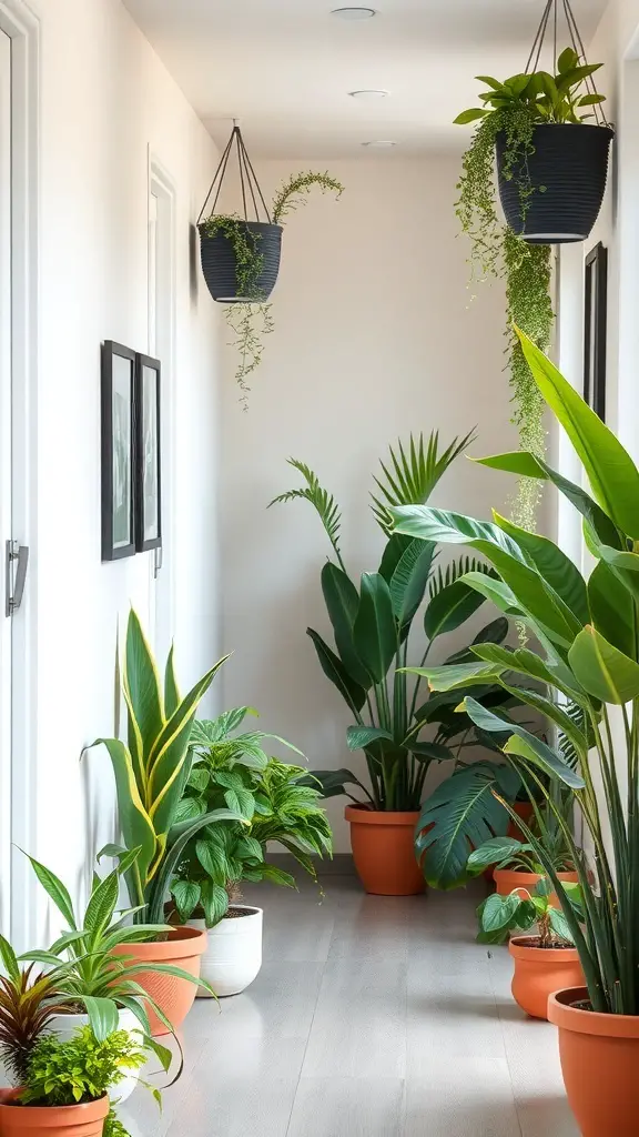 A hallway decorated with various indoor plants in pots and hanging planters.