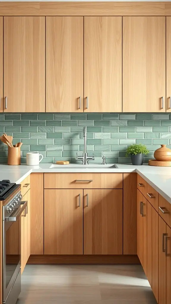 A kitchen featuring sage green backsplash tiles and natural wood cabinets.