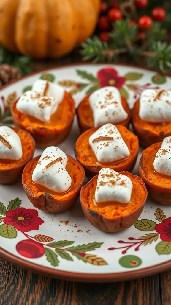 A plate of sweet potato bites topped with marshmallows, decorated with festive flowers and a pumpkin in the background.