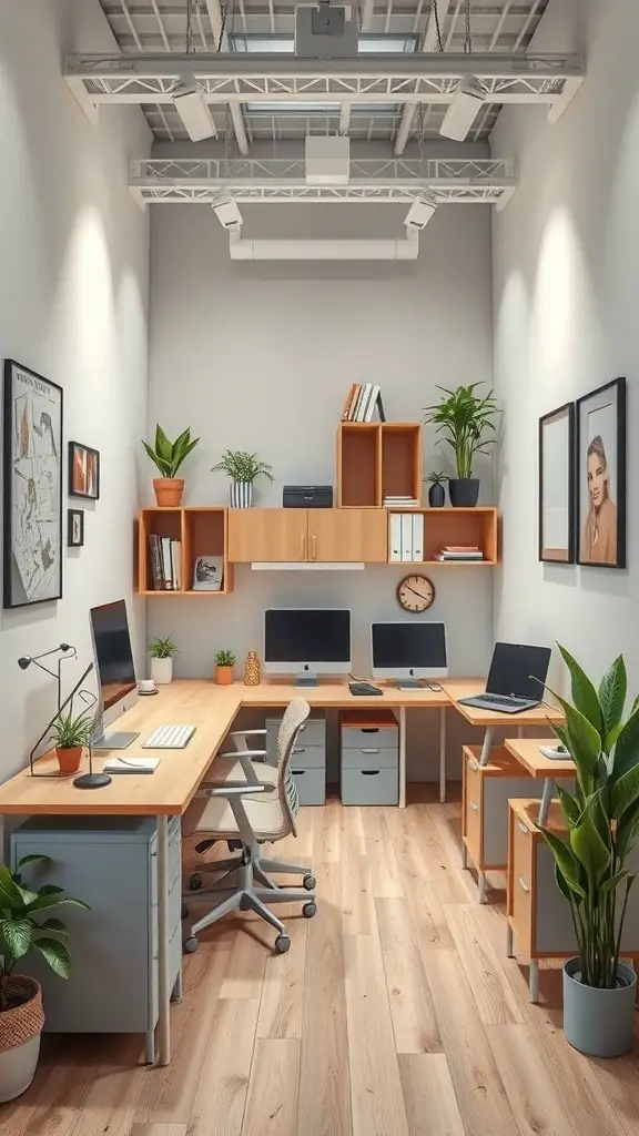 A small office with two workstations, light wood furniture, plants, and wall-mounted shelves.