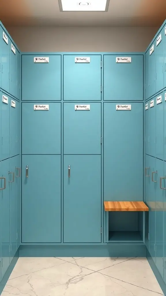 Bright blue mudroom lockers with name tags and a wooden bench
