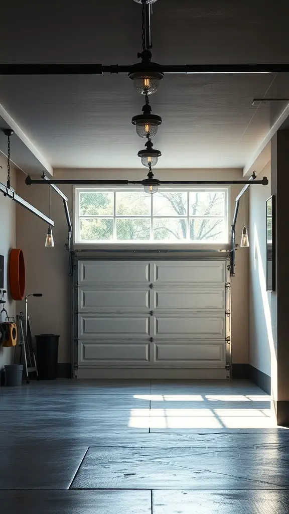 27+ Creative Garage Entryway Ideas for a Stylish Welcome 5 A well-lit garage with industrial-style lighting fixtures and a large window.