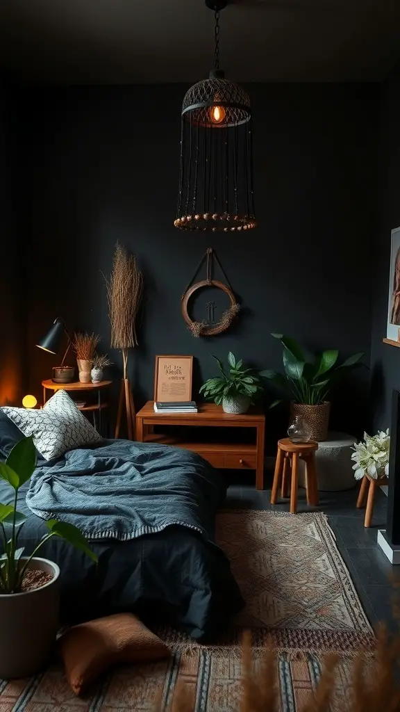 31+ Dark Boho Bedroom Ideas 6 A dark boho bedroom featuring natural elements like plants, wooden furniture, and cozy textiles.