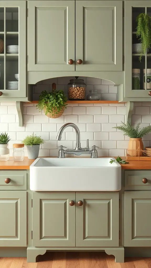 25+ Beautiful Sage Green Farmhouse Kitchen Cabinet Ideas 3 Farmhouse sink with sage green cabinets and wooden countertop